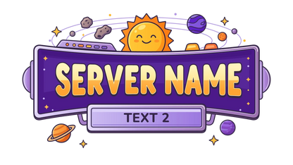 Purple Solar Adventure server logo showing Server Name and Text 2 with a smiling sun and colorful planets