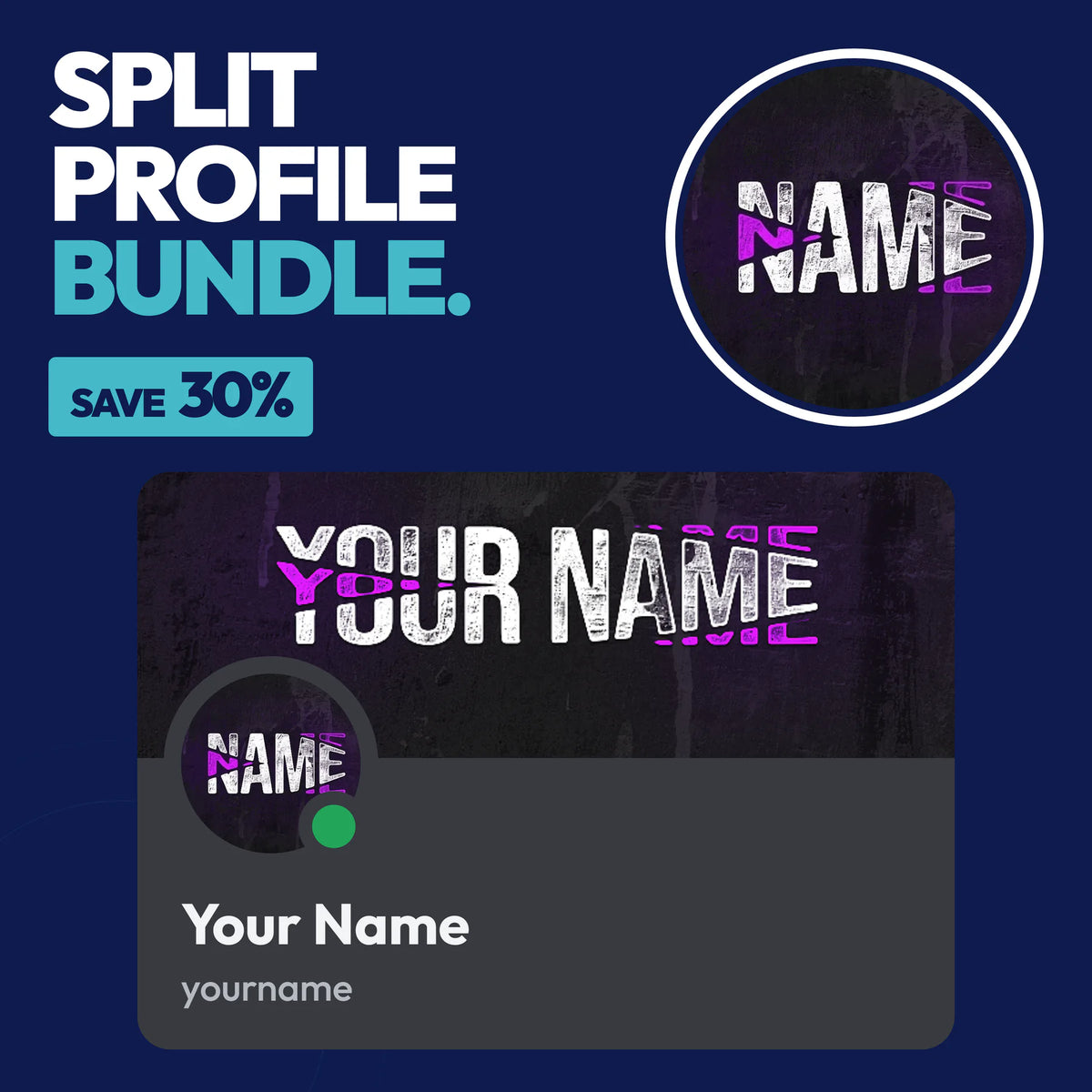Split Discord Profile Bundle in Purple with a matching PFP & server icon and profile banner
