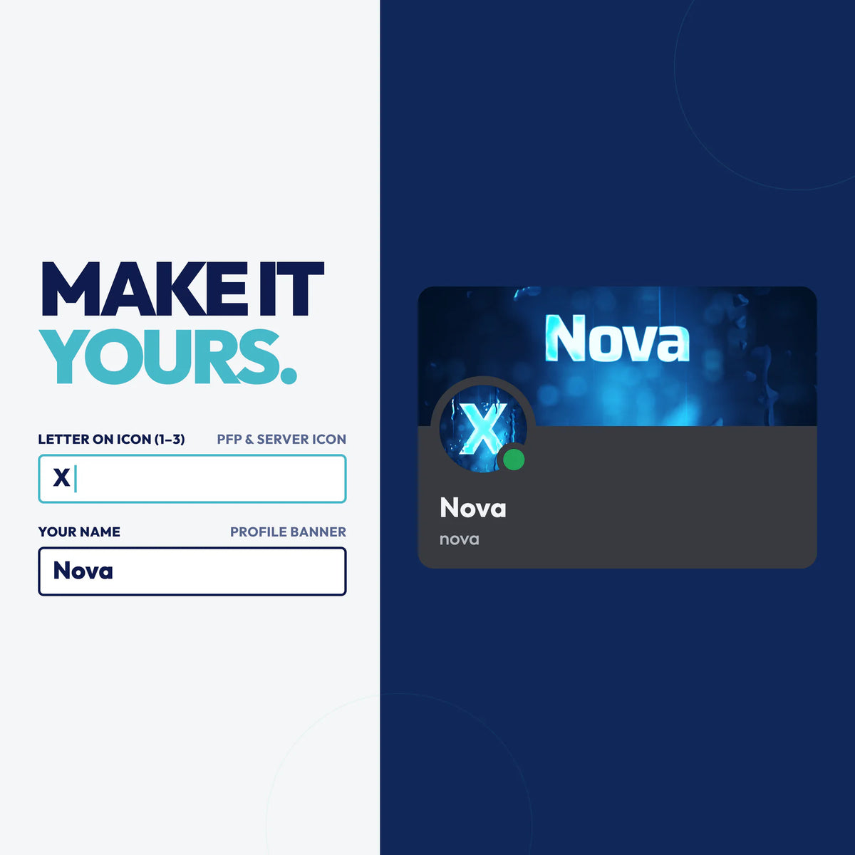 Personalize the Storm Discord bundle with your own text on the PFP & server icon and profile banner