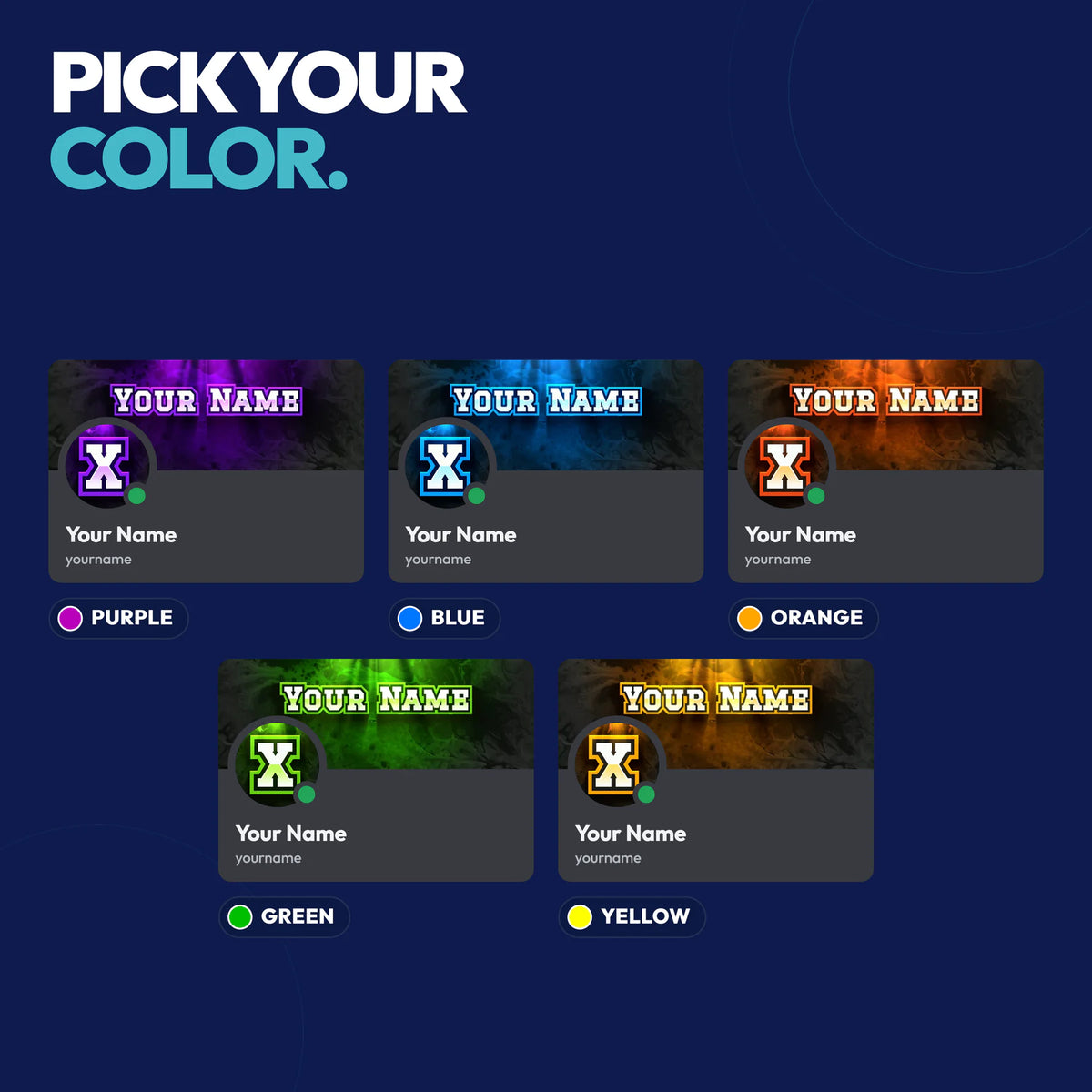 Tenacious Discord bundle colors: Purple, Blue, Orange, Green, and Yellow