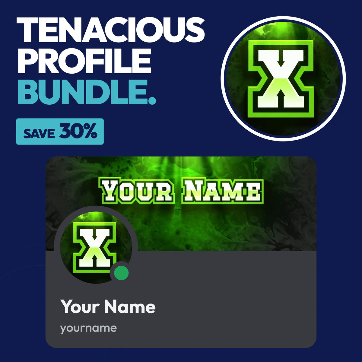 Tenacious Discord Profile Bundle in Green with a matching PFP & server icon and profile banner