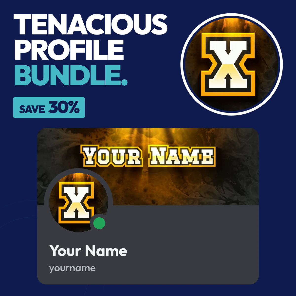 Tenacious Discord Profile Bundle in Yellow with a matching PFP & server icon and profile banner