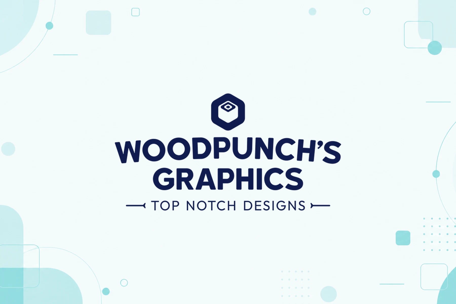 Logotipo azul marino de Woodpunch's Graphics sobre un fondo abstracto de marca aguamarina